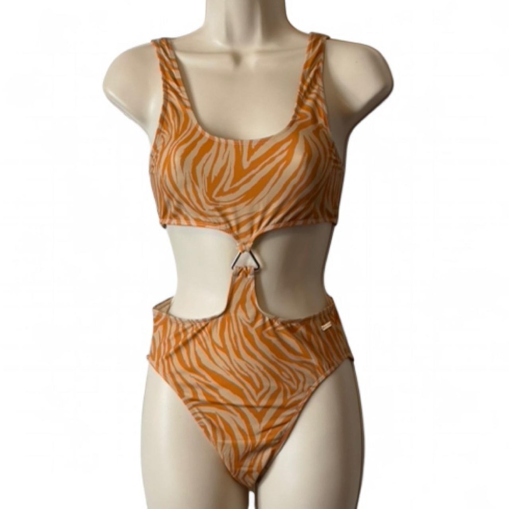 Nia Lynn Orange Zebra Print Cut Out One Piece Swimsuit, Women's Size S‎